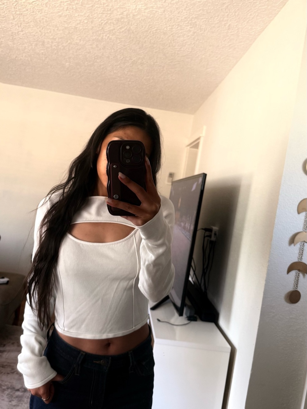 White Long-Sleeve Cutout Crop Top — Women's